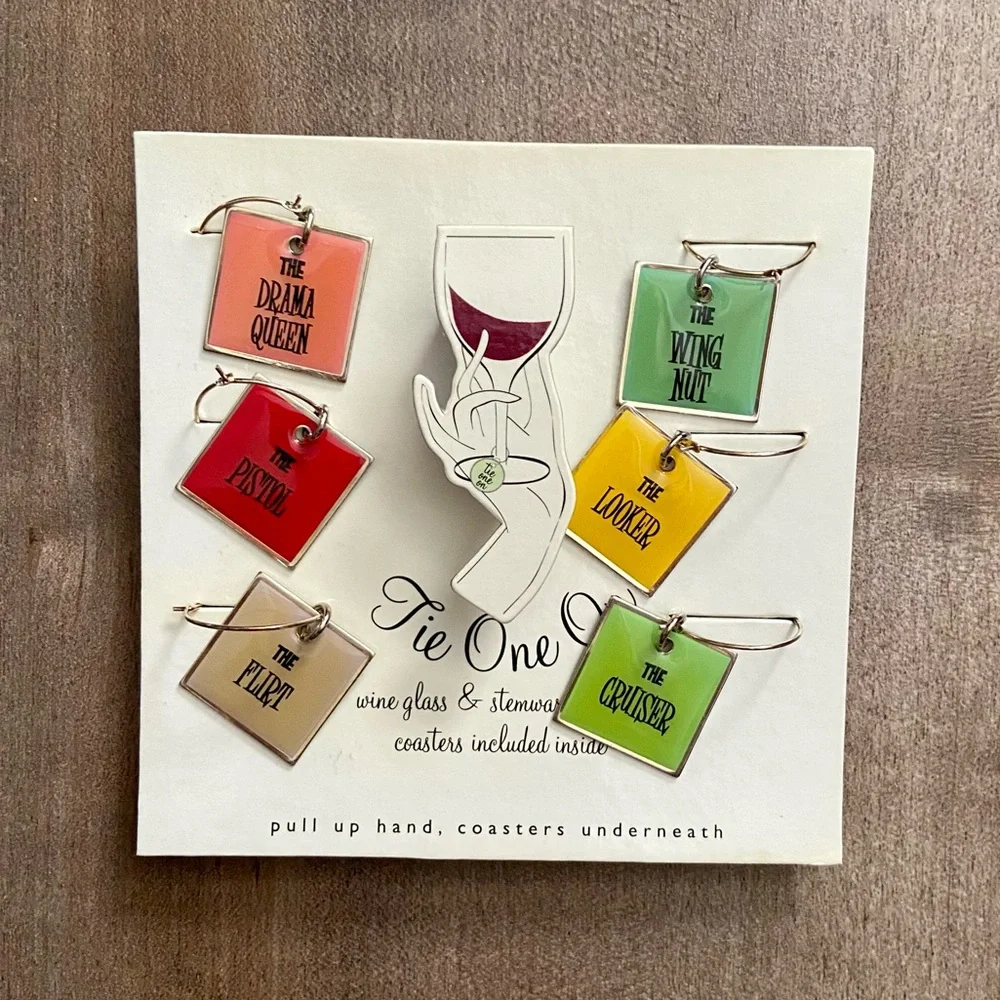 Tie One On Set of 6 Wine Glass Charms with Matching Coasters